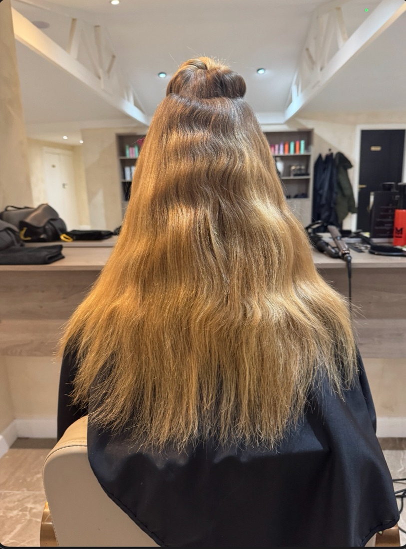 Hair colour before — grown-out, brassy blonde